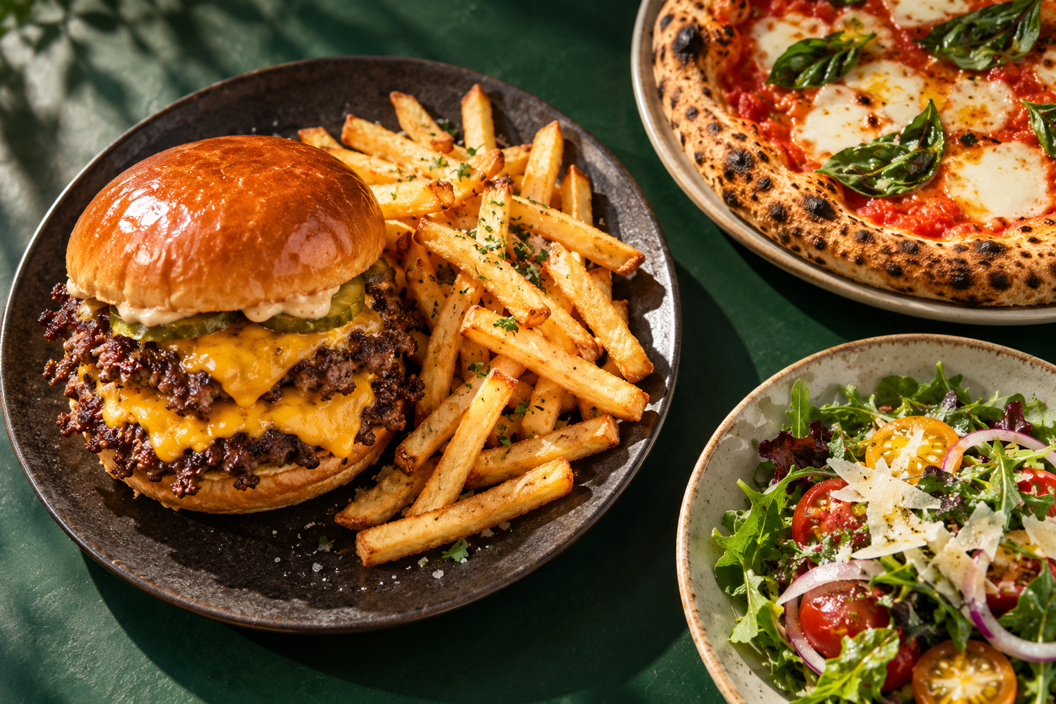 Hamburguesa smash con papas, pizza y ensalada